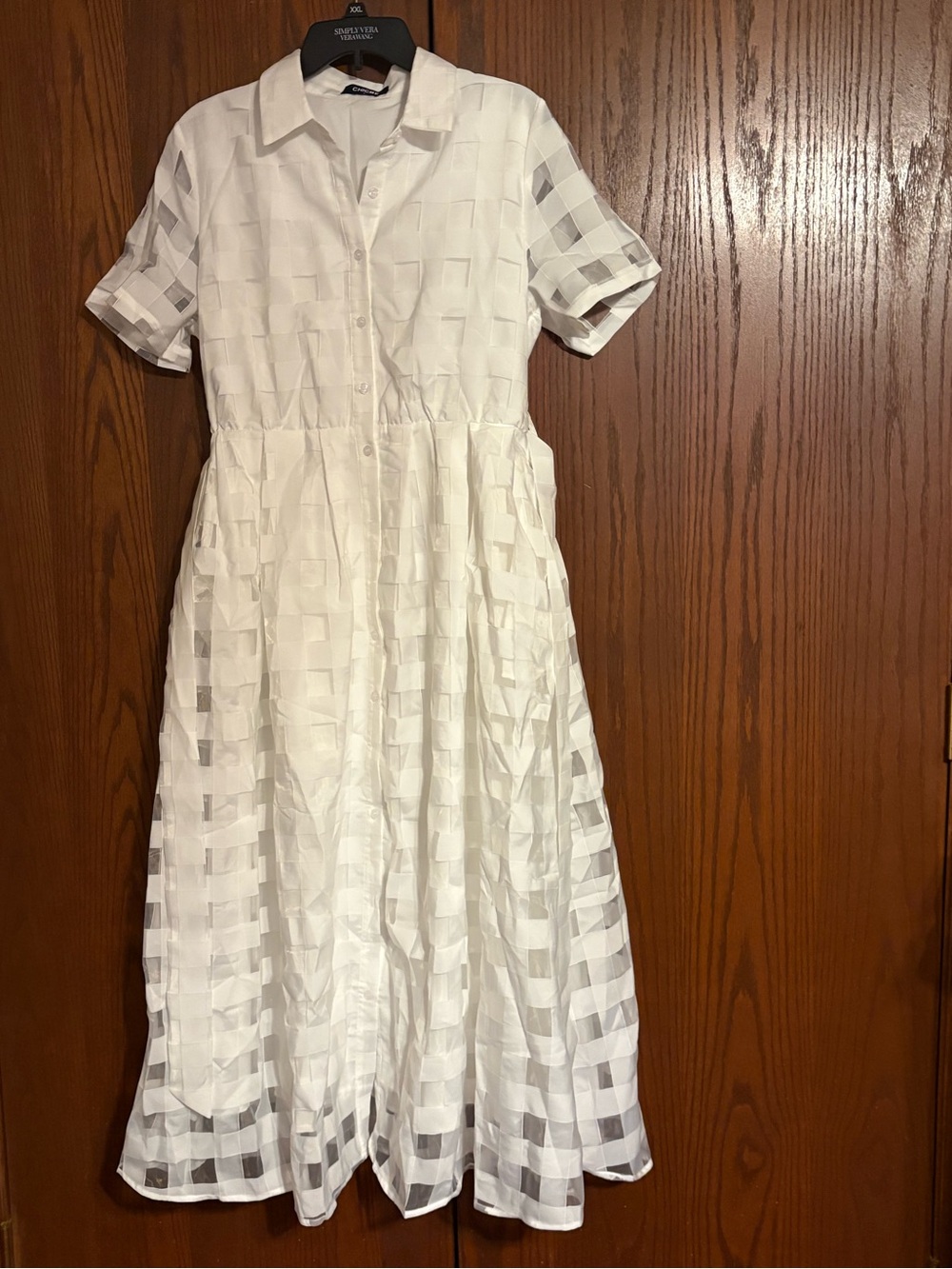chicme White Button-Front Sheer-Check Midi Dress L